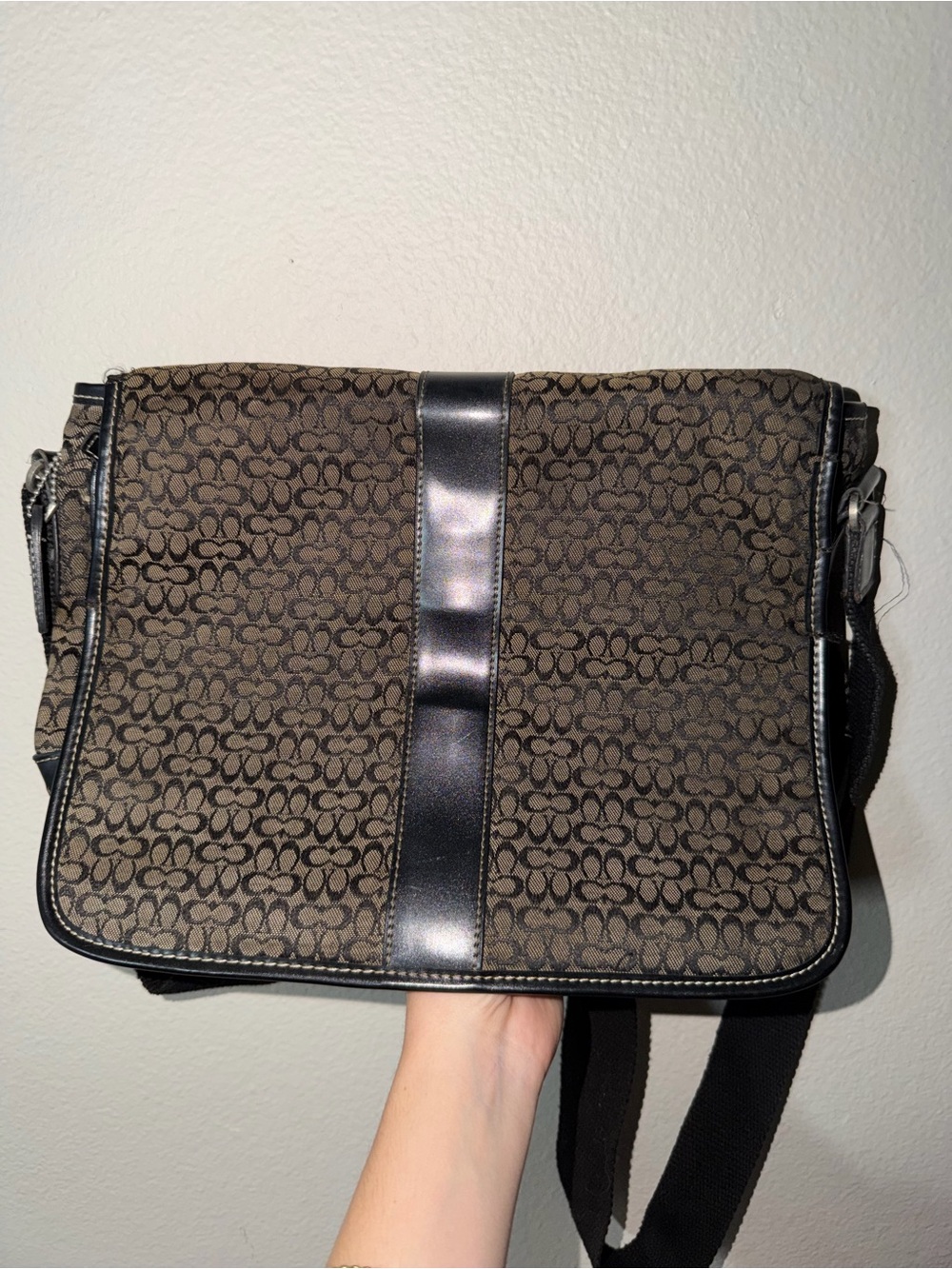 Vintage Coach Signature Crossbody Bag with Black Trim